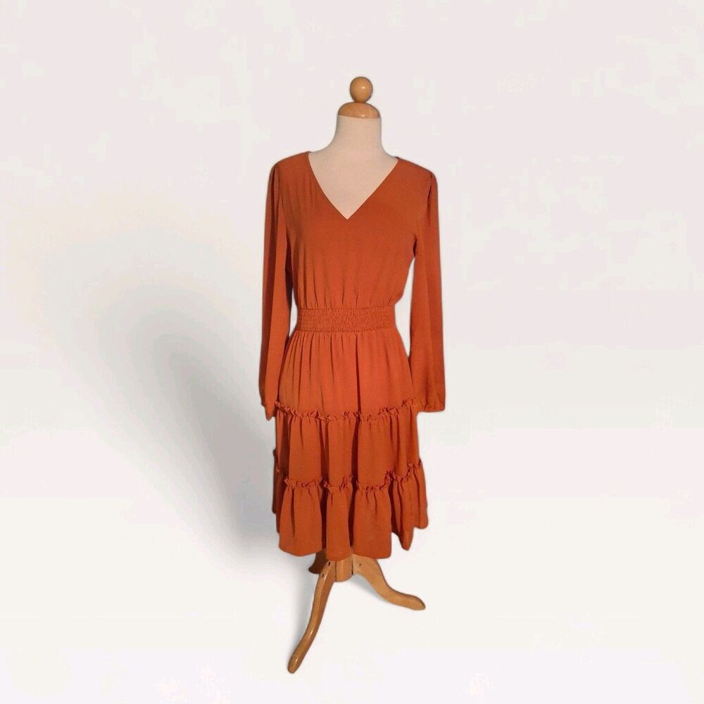 Zattcas Women's Long Sleeve V Neckline Tiered Knee Length Dress Size Small NWT